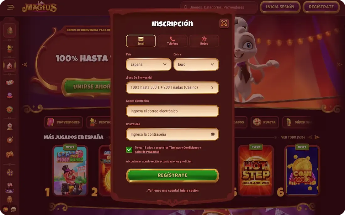 registro en el casino magius